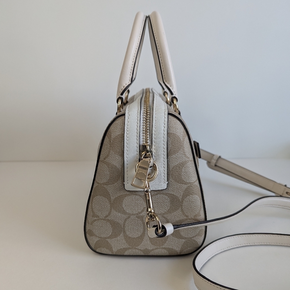 Coach Rowan Satchel Bag Signature Logo Taupe Canvas Leather Trim Crossbody Purse - Picture 3 of 16